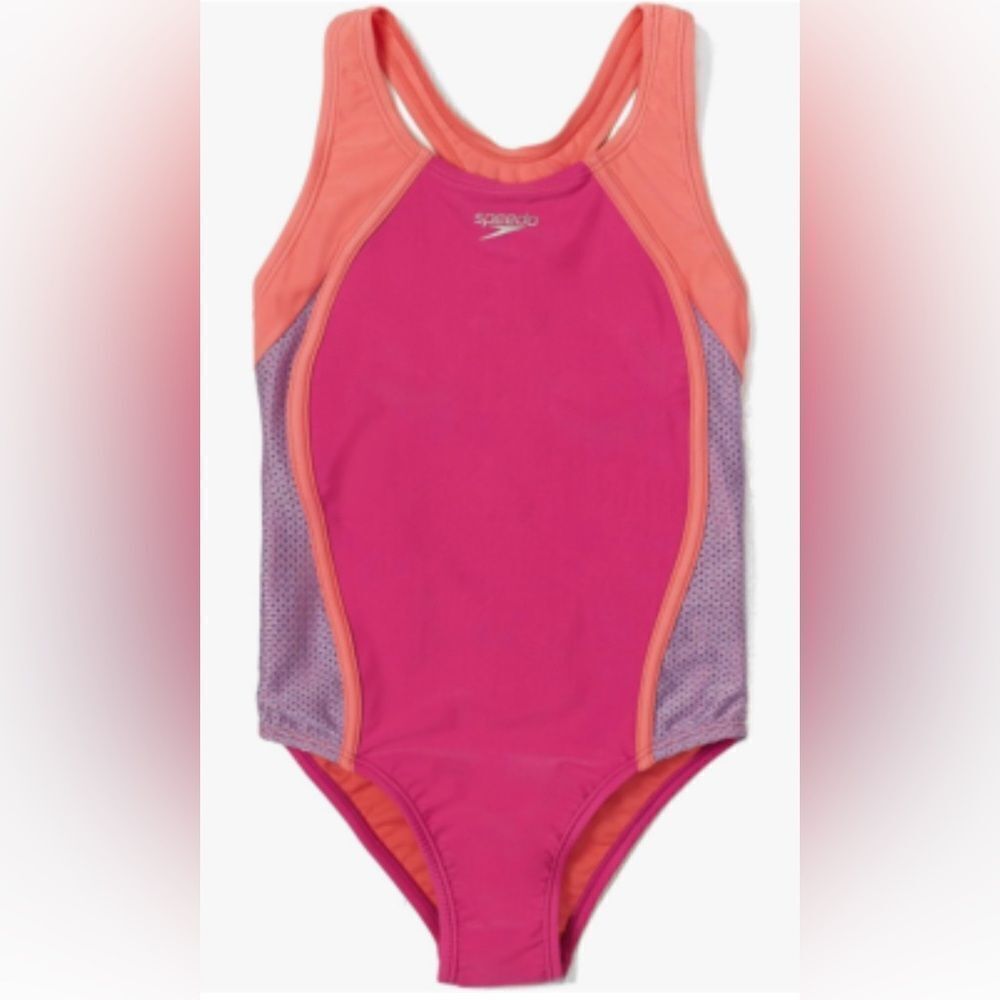 Speedo Big Girl's Swimsuit One Piece Mesh Splice Thick Strap, Size 16, Rose